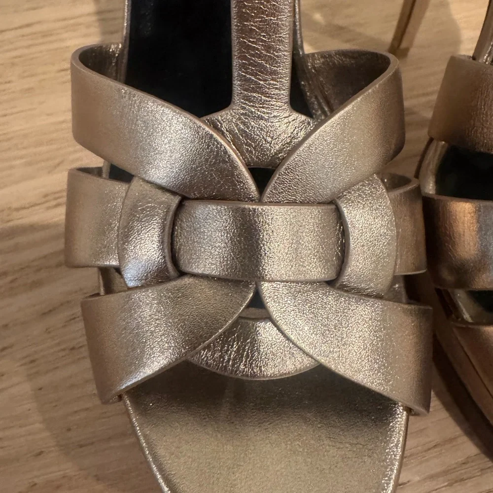 Saint Laurent Metallic Bronze Braided T-Strap Platform Sandals - Picture 11 of 16